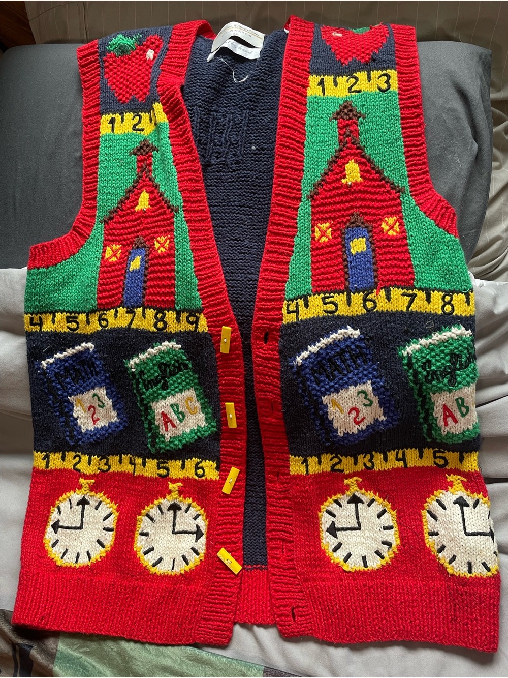 Vintage Hand-knit School-Themed Sweater Vest - Red/Green/Blue